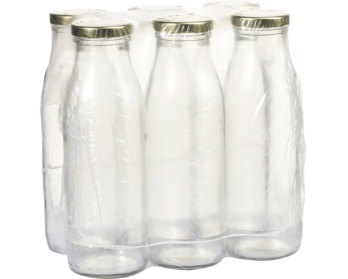 Ein Set aus mehreren leeren Glasflaschen mit Schraubverschluss in einer Folienverpackung für Lebensmittel oder Getränke.