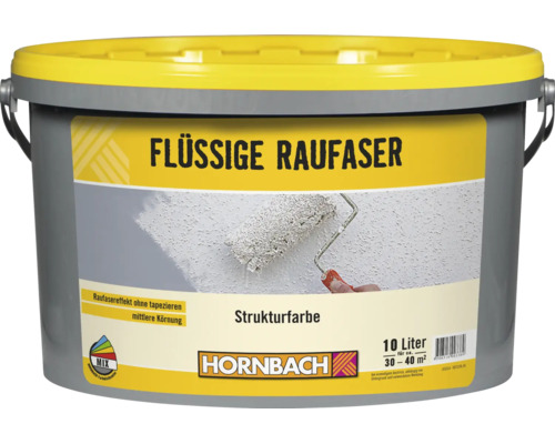 Ein Eimer Hornbach Flüssige Raufaser Strukturfarbe mit zehn Litern Inhalt für circa dreißig bis vierzig Quadratmeter Reichweite.