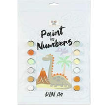 Malen nach Zahlen Set im Format DIN A4 mit Dinosaurier Motiv, inklusive Farbnäpfchen