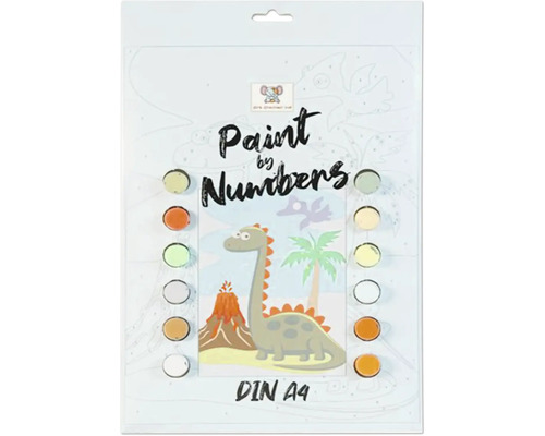 Malen nach Zahlen Set im Format DIN A4 mit Dinosaurier Motiv, inklusive Farbnäpfchen