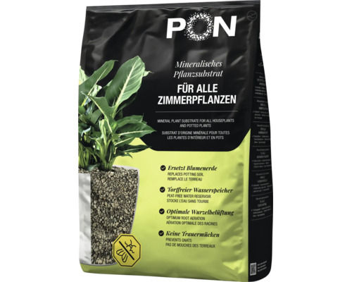 PON mineralisches Pflanzsubstrat für alle Zimmerpflanzen, torffrei und wasserspeichernd, in der Verpackung.