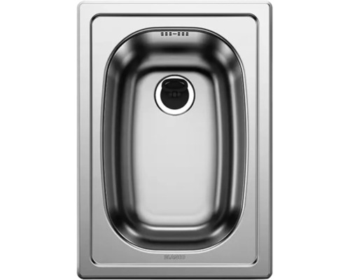 Rechteckiges Edelstahl Einbauspüle von Blanco mit einem Becken und Siebkorbventil.