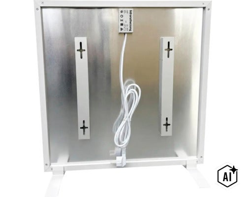 Rückseite einer Infrarotheizung mit Metalloberfläche, integrierter Wandhalterung, Netzkabel und Netzstecker für die Elektroinstallation. (Image AI modified or generated)