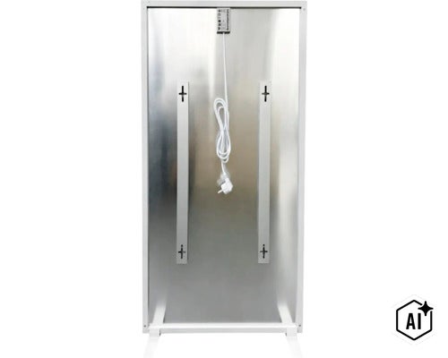 Rückseite einer Infrarotheizung mit Befestigungsschienen und Netzkabel mit Stecker (Image AI modified or generated)