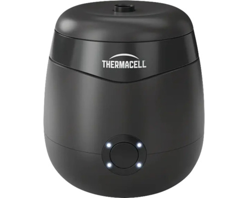 Thermacell Mückenschutzgerät in kompakter Form mit Thermacell Logo und LED Anzeige an der Vorderseite für den Außeneinsatz.