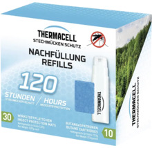 Thermacell Nachfüllpackung für Stechmückenschutz mit 30 Wirkstoffplättchen und 10 Butangaspatronen für 120 Stunden Schutz.