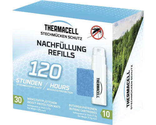 Thermacell Nachfüllpackung für Stechmückenschutz mit 30 Wirkstoffplättchen und 10 Butangaspatronen für 120 Stunden Schutz.