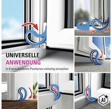 Universeller Fensterfeststeller und Türstopper in sechs verschiedenen Anwendungspositionen für mehr Sicherheit und Belüftung. (Image AI modified or generated)