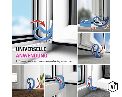 Universeller Fensterfeststeller und Türstopper in sechs verschiedenen Anwendungspositionen für mehr Sicherheit und Belüftung. (Image AI modified or generated)