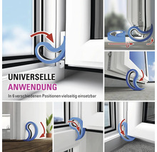Universeller Fensterfeststeller und Türstopper in sechs verschiedenen Anwendungspositionen für mehr Sicherheit und Belüftung.