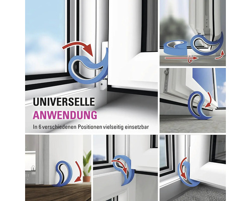 Universeller Fensterfeststeller und Türstopper in sechs verschiedenen Anwendungspositionen für mehr Sicherheit und Belüftung.