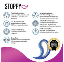Infografik zum Stoppy Tür und Fensterstopper mit Anwendungsgebieten sowie Vorteilen wie Sicherheit, Langlebigkeit und einfacher Handhabung.