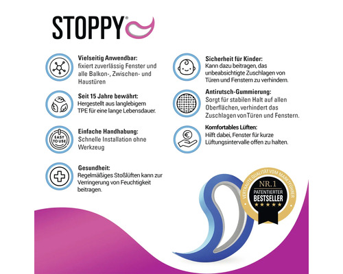 Infografik zum Stoppy Tür und Fensterstopper mit Anwendungsgebieten sowie Vorteilen wie Sicherheit, Langlebigkeit und einfacher Handhabung.