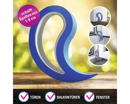 Ein Türstopper und Fensterkeil aus Kunststoff für Spaltbreiten von 1 bis 9 Zentimeter, geeignet für Türen, Balkontüren und Fenster.