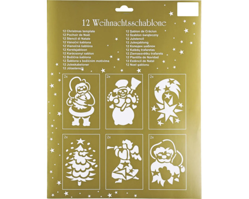 Set mit 12 Weihnachtsschablonen für Dekorationen mit verschiedenen winterlichen Motiven wie Weihnachtsmann, Schneemann, Sternen und Engeln.