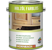 Hornbach Holzoel farblos zur Pflege und Impraegnierung von Holzoberflaechen in einer fuenf Liter Dose mit Hornbach Logo