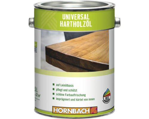 Dose Universal Hartholzöl auf Leinölbasis zur Pflege und zum Schutz von Holzoberflächen mit Hornbach Farbmischcenter Logo