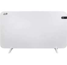 Elektrisches Konvektorheizgerät zur Standmontage mit Warnsymbolen vor Verbrennungsgefahr und Abdeckung.