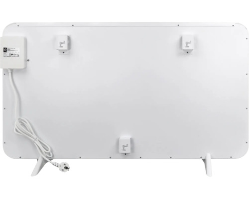 Rückseite einer Infrarotheizung mit Wandhalterungen und Netzkabel mit Stecker.