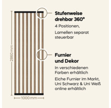 Infografik zeigt Lamellenwand mit 360 Grad drehbaren Einzellamellen, 2860 mm Höhe, 1000 mm Breite, Materialinfo zu Eichenfurnier und Dekoren.
