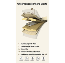 Grafische Darstellung des Schichtaufbaus eines Profils mit Aluminiumkern, MDF Kern, Dekorfolie oder Holzfurnier und lackierter Oberfläche.