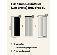 Grafische Anleitung für einen Raumteiler mit 1 Meter Breite bestehend aus 8 Lamellen, einem Set Befestigungsleisten und einem Verbindungsset.