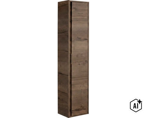 Hoher Badezimmerschrank mit einer Tür in Holzoptik mit Maserung und einem schmalen Griff. (Image AI modified or generated)