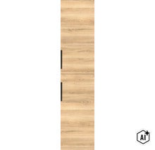 Hoher Badezimmerschrank mit Holzoptik und zwei schwarzen Griffleisten in vertikaler Anordnung. (Image AI modified or generated)
