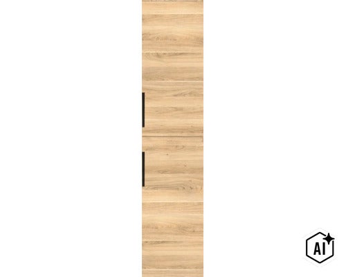 Hoher Badezimmerschrank mit Holzoptik und zwei schwarzen Griffleisten in vertikaler Anordnung. (Image AI modified or generated)