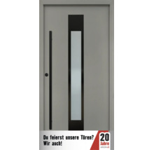 Moderne Haustür mit vertikalem Glaseinsatz und langem Stoßgriff.