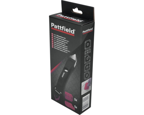 Pattfield 5 in 1 Silikonentferner Set in Verkaufsverpackung mit Abzieher und fünf austauschbaren Profilen zum Glätten von Silikonfugen.