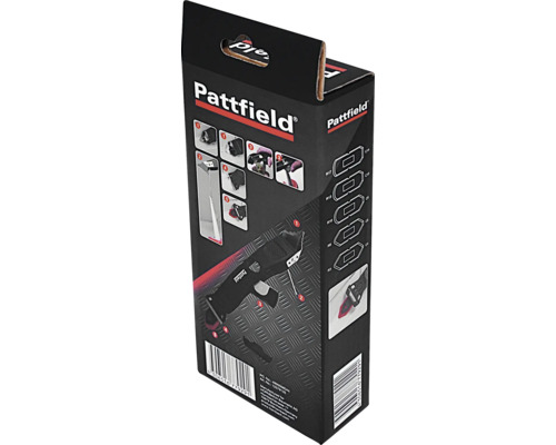 Pattfield Silikonfugenentferner Set in Verpackung mit Anwendungsbildern und verschiedenen Profilgrößen zur Fugenrenovierung.