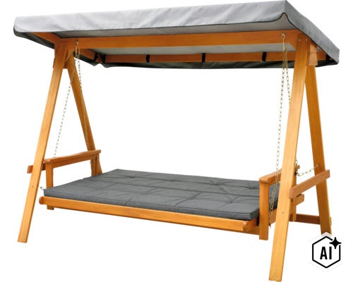 Eine Hollywoodschaukel aus Holz mit Sonnendach und gepolsterter Liegefläche, geeignet für den Garten oder die Terrasse. (Image AI modified or generated)