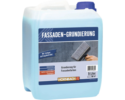 Fassaden-Grundierung von Hornbach in einem 5 Liter Kanister zur Vorbehandlung von Außenwänden für ca. 30 Quadratmeter Reichweite.