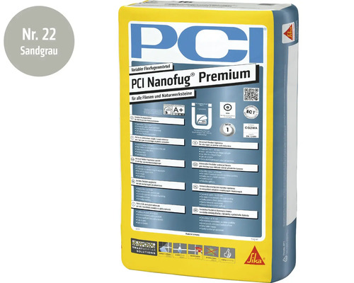 PCI Nanofug Premium Flexfugenmörtel in Sandgrau für Fliesen und Natursteine im 15 Kilogramm Beutel mit Sika Logo