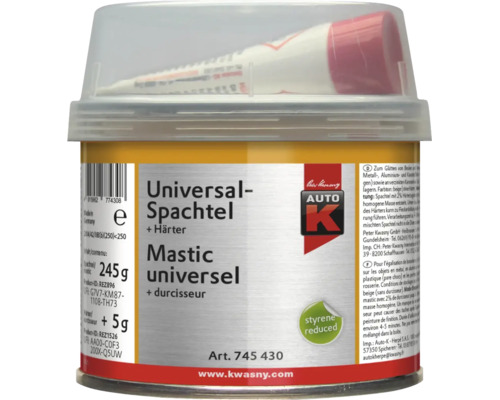 Auto-K Universalspachtel inklusive Härter in der Dose mit 245 Gramm Füllmenge.