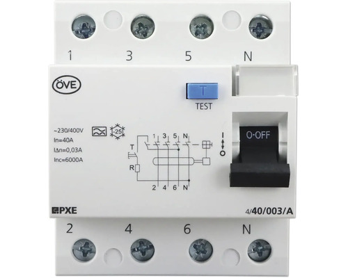 Fehlerstromschutzschalter 4-polig 40 Ampere 0,03 Ampere Nennfehlerstrom mit OVE Prüfzeichen für elektrische Installationen