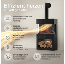Moderner Wandkamin mit Flammeneffekt und unterem Holzfach zur Wandmontage, inklusive Infografik zu Funktionen wie Heizleistung und Thermostat.