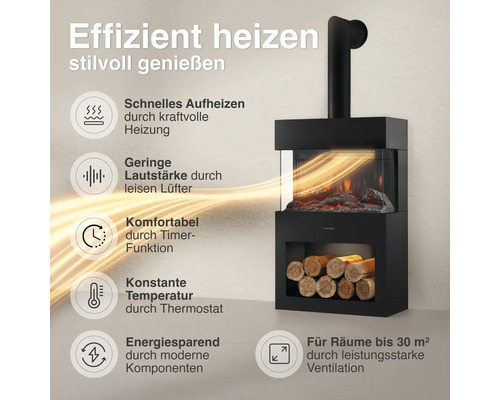 Moderner Wandkamin mit Flammeneffekt und unterem Holzfach zur Wandmontage, inklusive Infografik zu Funktionen wie Heizleistung und Thermostat.