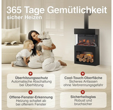 Familie mit Hund vor einem modernen elektrischen Kamin mit Sicherheitsfunktionen wie Überhitzungsschutz, Cool Touch Oberfläche und Sicherheitsglas.