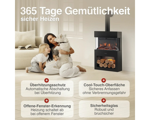 Familie mit Hund vor einem modernen elektrischen Kamin mit Sicherheitsfunktionen wie Überhitzungsschutz, Cool Touch Oberfläche und Sicherheitsglas.