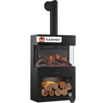 Elektrischer Kamin mit drei Sichtfenstern und Holzfach inklusive Fernbedienung und Kamini Logo.