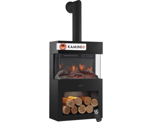 Elektrischer Kamin mit drei Sichtfenstern und Holzfach inklusive Fernbedienung und Kamini Logo.