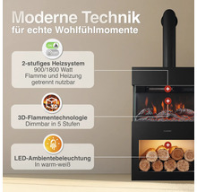 Elektrokamin mit 2-stufigem Heizsystem mit 900 oder 1800 Watt, 3D Flammeneffekt und LED Ambientebeleuchtung in Warmweiß.