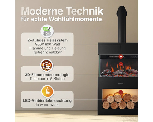 Elektrokamin mit 2-stufigem Heizsystem mit 900 oder 1800 Watt, 3D Flammeneffekt und LED Ambientebeleuchtung in Warmweiß.
