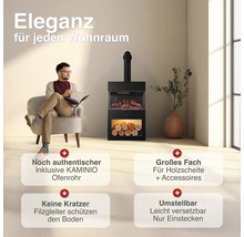 Eleganter Elektrokamin mit Kaminio Ofenrohr, integriertem Holzfach, Filzgleitern und einfachem Plug and Play Anschluss in einem hellen Wohnraum.
