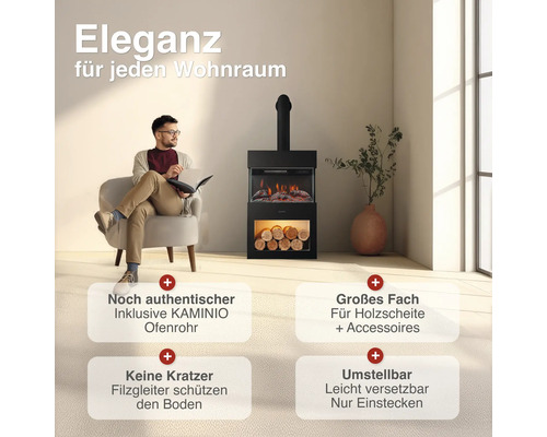 Eleganter Elektrokamin mit Kaminio Ofenrohr, integriertem Holzfach, Filzgleitern und einfachem Plug and Play Anschluss in einem hellen Wohnraum.