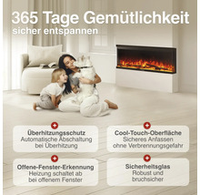 Moderne elektrische Wandkaminanlage in einem Wohnraum mit Familie und Hund. Sicherheitsmerkmale wie Überhitzungsschutz und offene Fenster Erkennung.