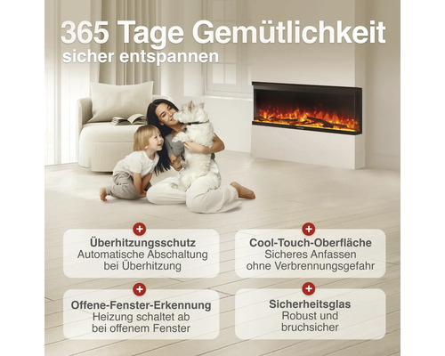 Moderne elektrische Wandkaminanlage in einem Wohnraum mit Familie und Hund. Sicherheitsmerkmale wie Überhitzungsschutz und offene Fenster Erkennung.
