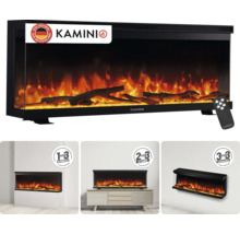 Elektrischer Kamin von Kamini mit realistischer Flammenoptik und Fernbedienung, geeignet für Einbau, Standmontage oder Wandmontage.